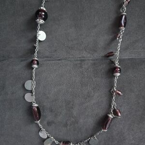 Silver Chain Necklace with Dark Red Beads